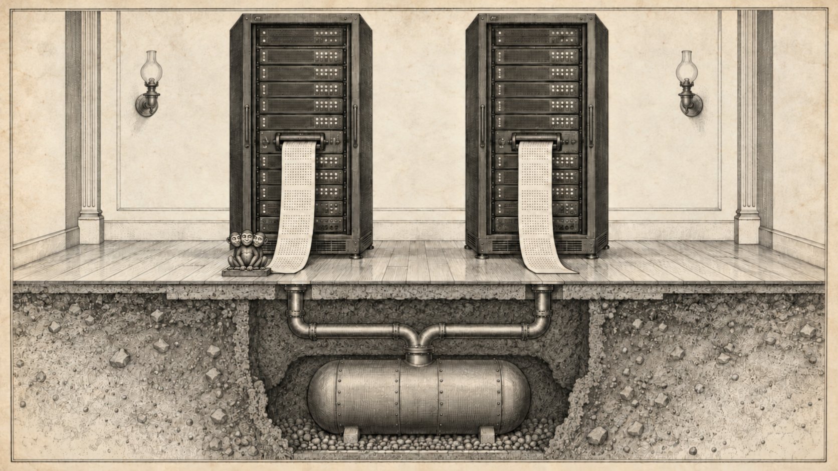 A patent drawing of two identical server cabinets side by side, each printing the same strip of paper. A cut-away of the floor shows that pipes from both cabinets join into one shared storage tank underneath.