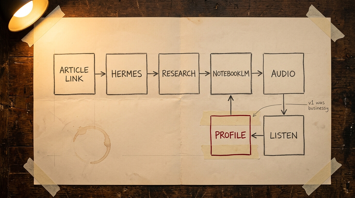 Hand-drawn workshop diagram: article link, Hermes, research, NotebookLM and audio in a row; audio leads to listen, listen to profile, and profile back to NotebookLM, forming a loop. The profile box is taped in and drawn in red ink, with a pencil note reading “v1 was businessy”.