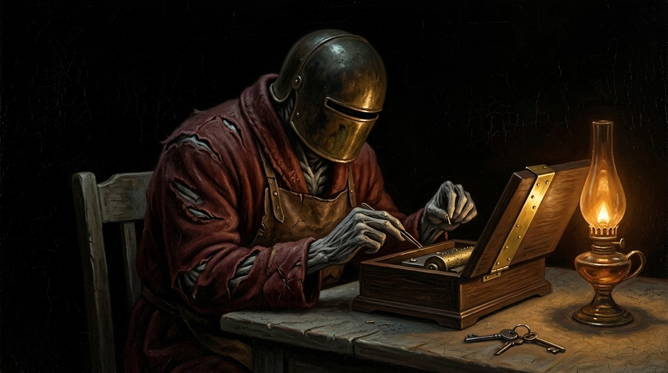 A hunched figure in a worn oxblood dressing gown and leather apron, its face hidden behind a dark brass visor with a narrow slit, sits at a kitchen table by an oil lamp, using tweezers to adjust a pin inside an open walnut music box whose lid has a bright new brass hinge; a set of car keys lies on the table.