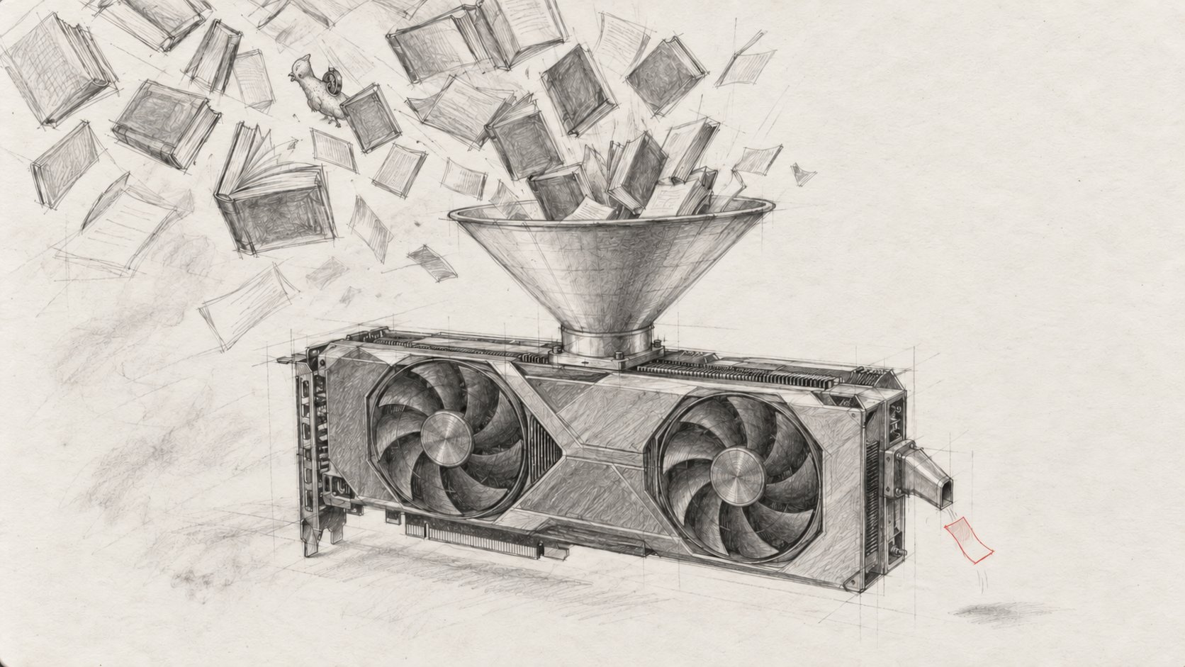 A graphite sketchbook drawing of an RTX 3090 with a large funnel on top: books from a whole library pour into it, and at the other end a single slip of paper, the only thing touched with red pencil, drops out of a spout.