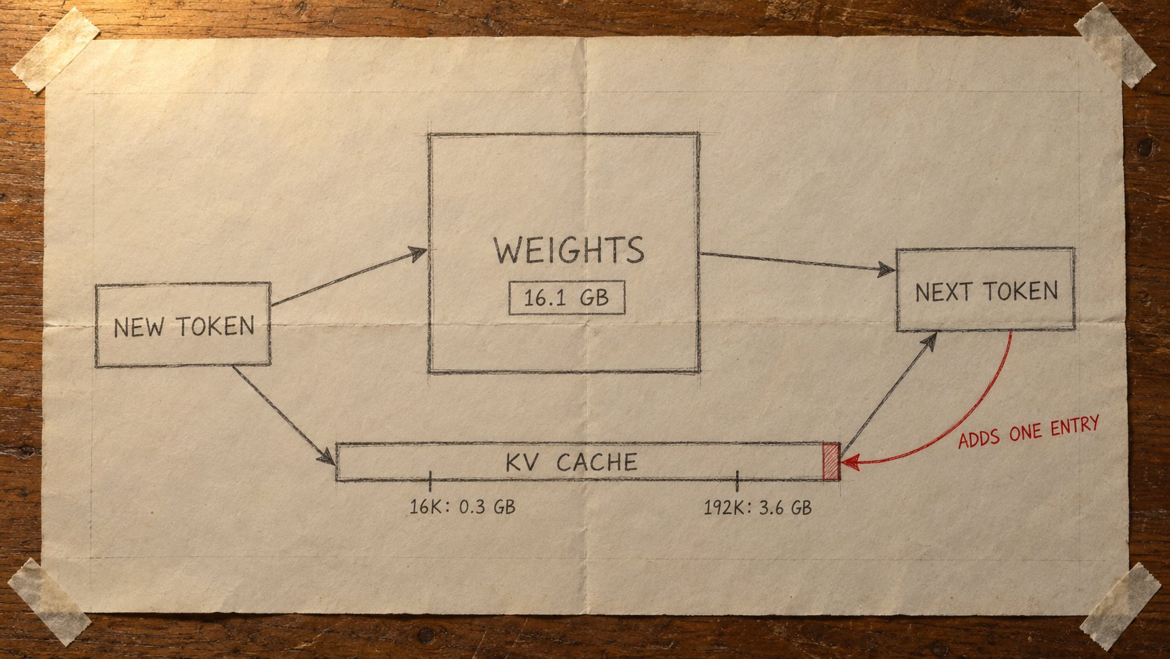 Pencil diagram on paper. A new token reads two things: the weights, 16.1 GB, and the KV cache, a long strip marked 16K: 0.3 GB and 192K: 3.6 GB. Both lead to the next token, and a red arrow from the next token back to the end of the strip is labelled &ldquo;adds one entry&rdquo;.