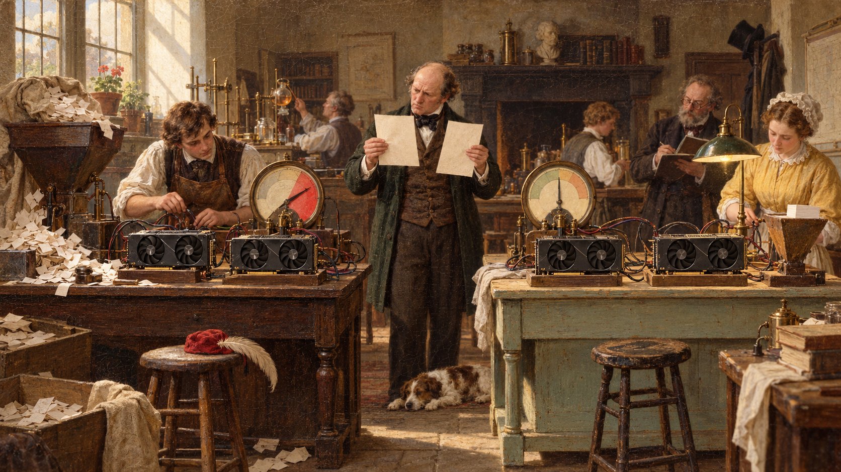 A Victorian oil painting of a testing laboratory with two benches that are meant to match but don't, each holding a pair of RTX 3090s wired to a gauge. One bench is overloaded and its needle is in the red, the other is calm, and an engineer between them frowns at two sheets of paper he can't compare.