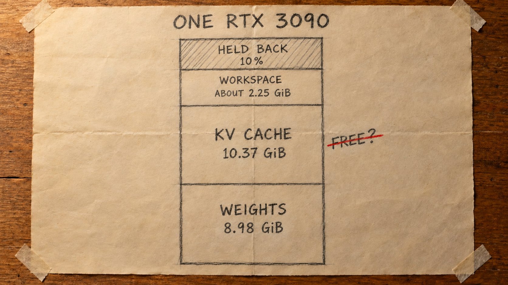 Pencil sketch on paper of the memory on one RTX 3090, drawn as one tall stacked column. From the bottom: weights, 8.98 GiB; KV cache, 10.37 GiB; workspace, about 2.25 GiB; and a hatched section held back, 10%. Next to the KV cache the word &ldquo;FREE?&rdquo; is struck through in red.